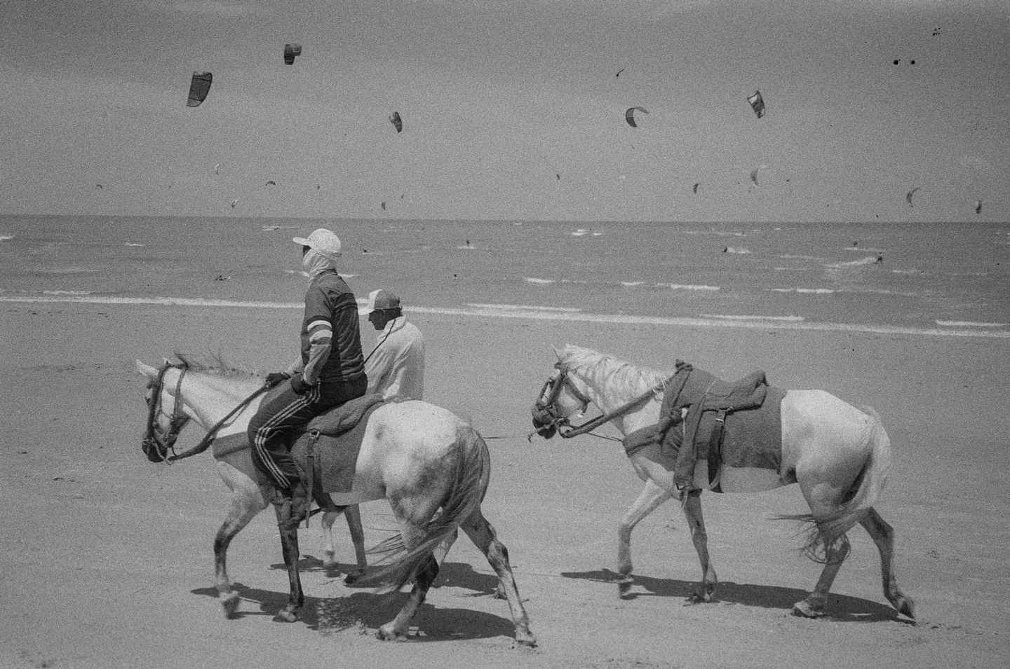 Two riders on horseback on a beach, black and white