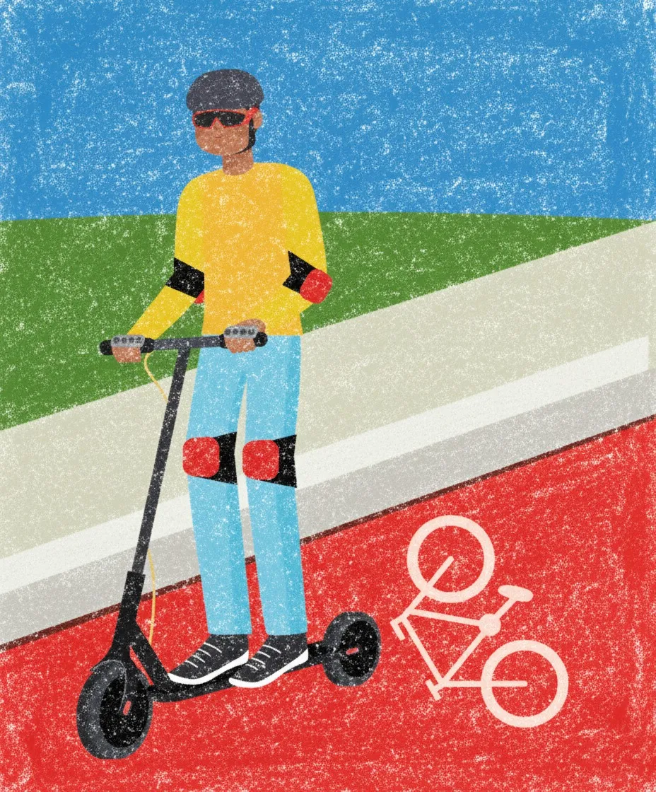 Folder cover illustration of a person on an electric scooter