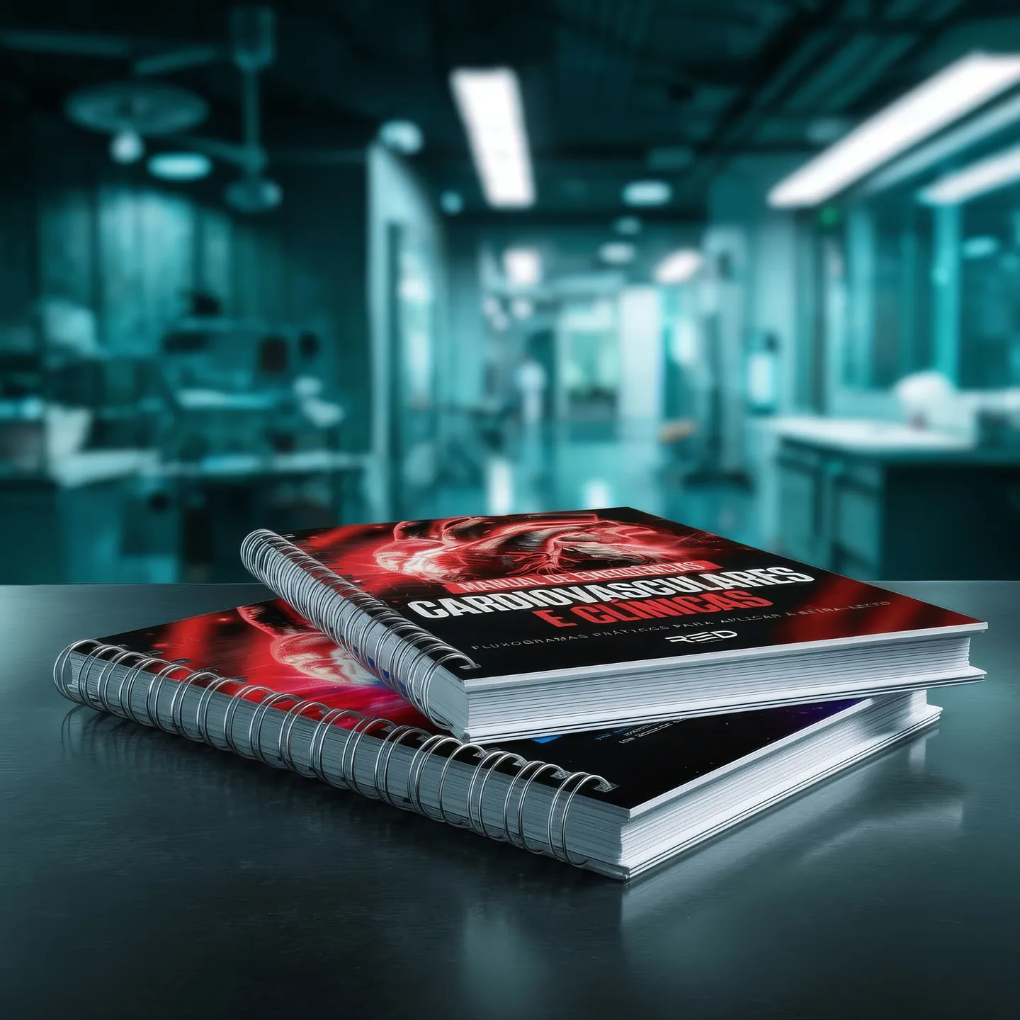 The printed manuals on a hospital desk, generated with AI